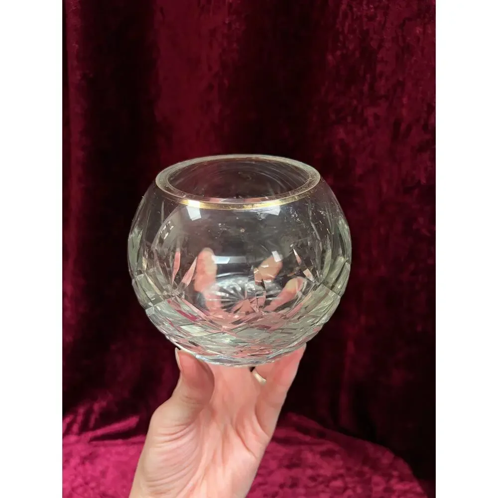 Vintage Cut Crystal Candle Holder - Rose Globe on Ornate Brass Pedestal Stand